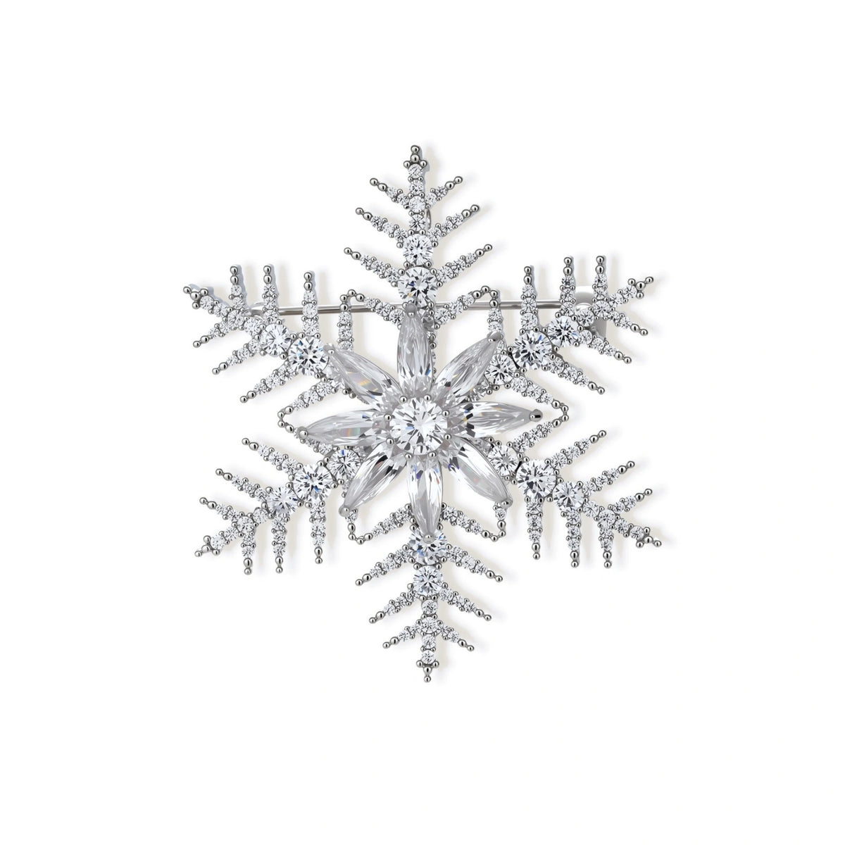 Eira Snowflake Brooch, front view of the large zirconia snowflake with marquise petals and pavé arms in silver-tone brass
