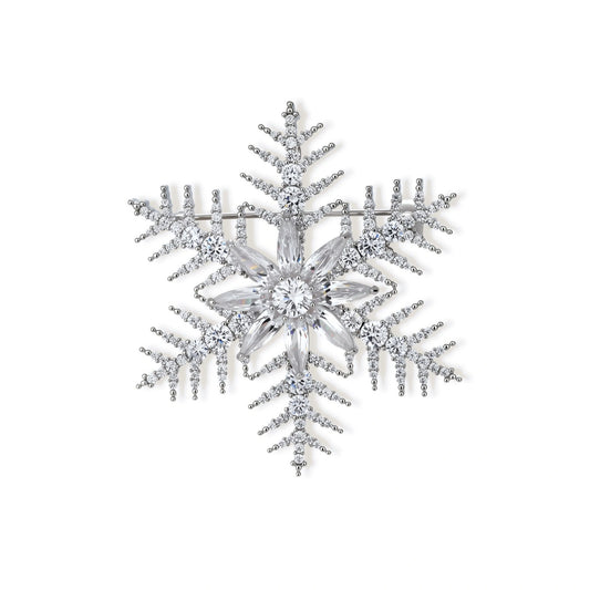 Eira Snowflake Brooch, front view of the large zirconia snowflake with marquise petals and pavé arms in silver-tone brass