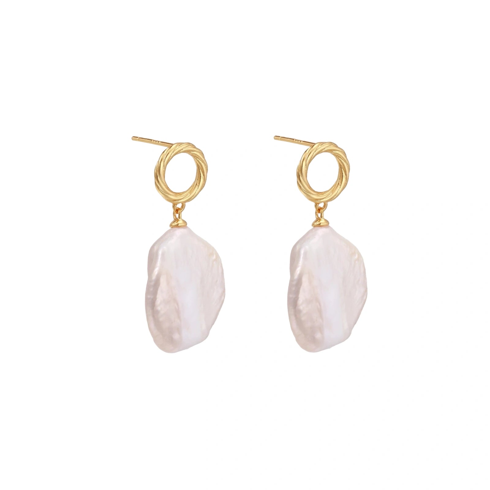 Pair of gold hoop earrings with white pearl drops on a white background