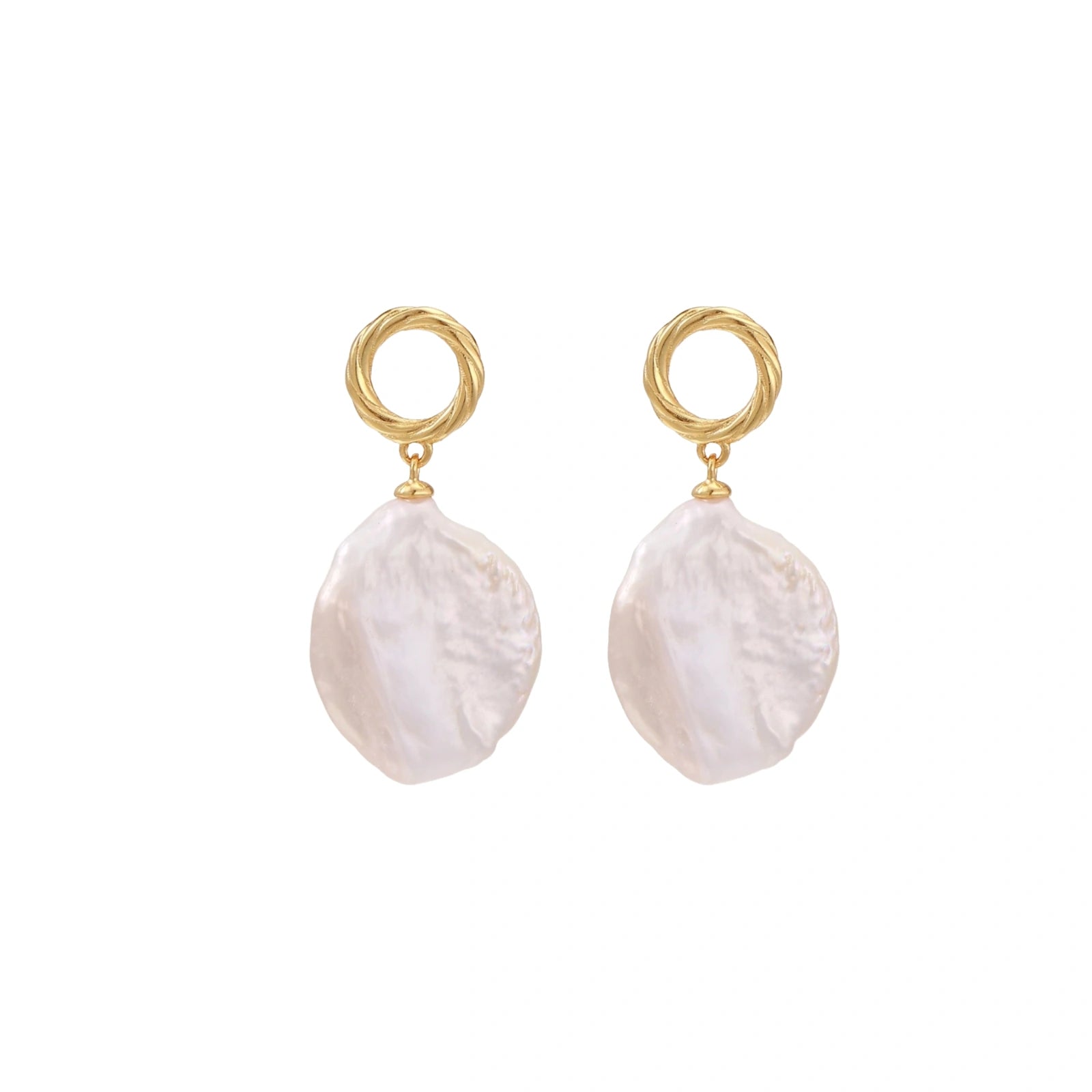 Pair of earrings with gold hooks and white teardrop-shaped stones on a white background