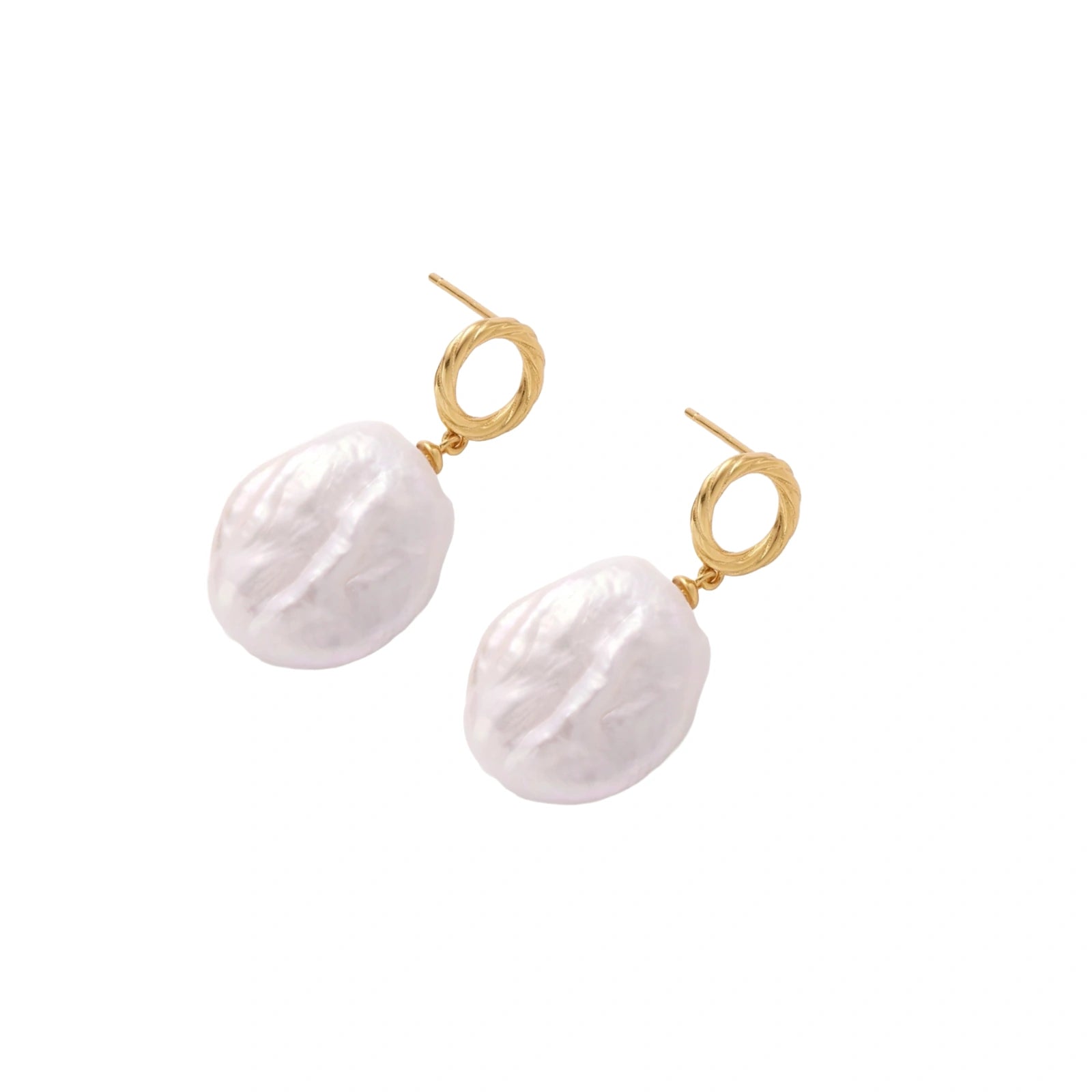 Pearl earrings with gold hooks on a white background