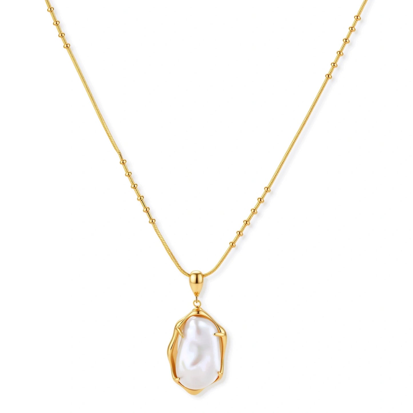 Gold necklace with a white pendant on a white background