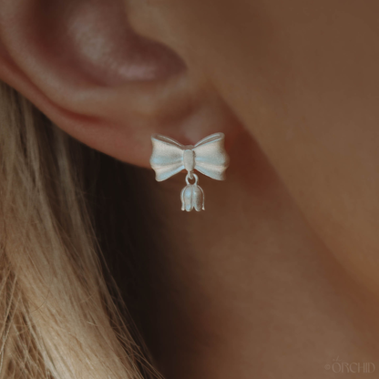 Dainty Bow Earrings | Minimalist Bowknot Silver Drop Studs | Floral Dangle Coquette Jewelry | Lily of the Valley | Birth Flower Gift for Her