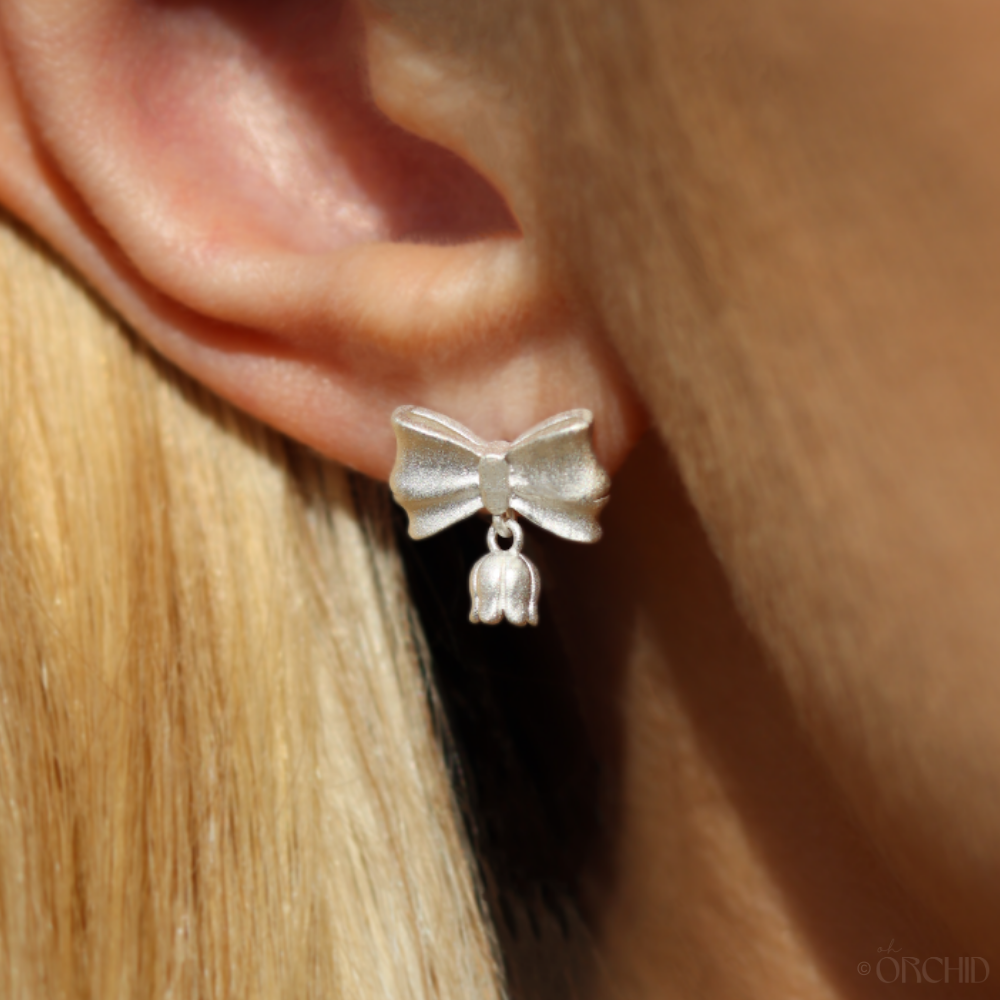 Dainty Bow Earrings | Minimalist Bowknot Silver Drop Studs | Floral Dangle Coquette Jewelry | Lily of the Valley | Birth Flower Gift for Her