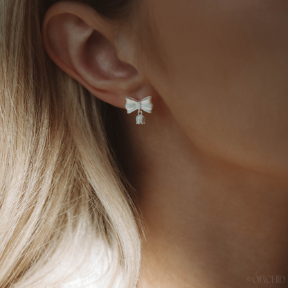 Dainty Bow Earrings | Minimalist Bowknot Silver Drop Studs | Floral Dangle Coquette Jewelry | Lily of the Valley | Birth Flower Gift for Her