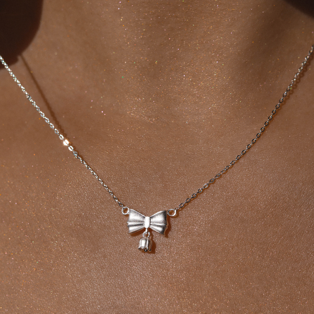 Dainty Bow Necklace | Minimalist Bowknot Silver Pendant | Floral Coquette Jewelry | Lily of the Valley | Birth Flower Gift for Her