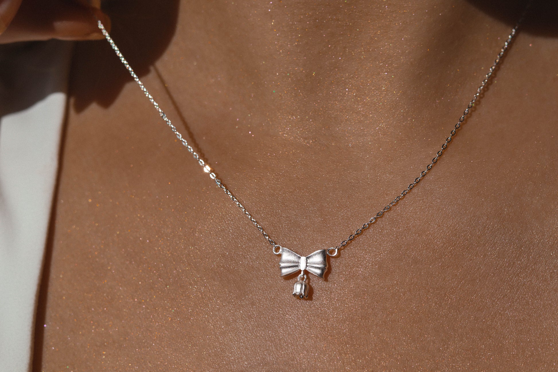Dainty Bow Necklace | Minimalist Bowknot Silver Pendant | Floral Coquette Jewelry | Lily of the Valley | Birth Flower Gift for Her