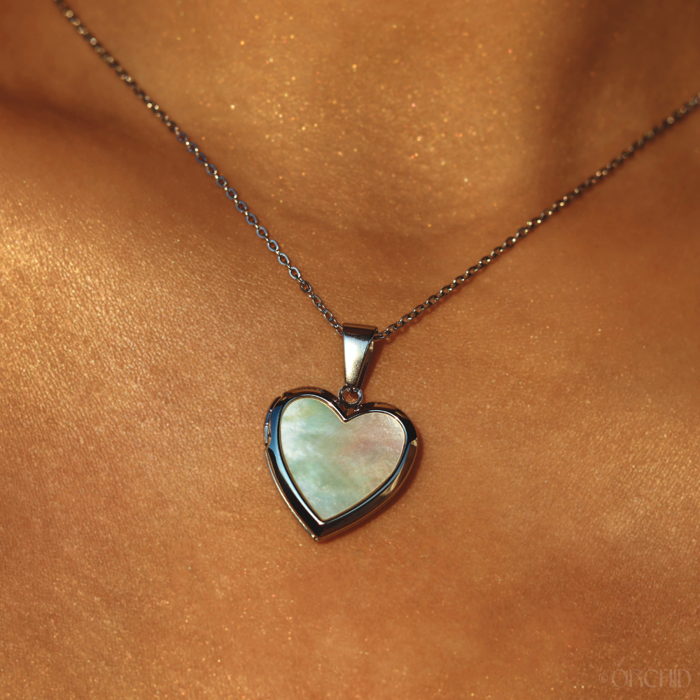Heart Locket Necklace | Gold or Silver Personalized Pendant | DIY Photo Jewelry | Mother of Pearl Abalone Shell | Sentimental Gift for Her