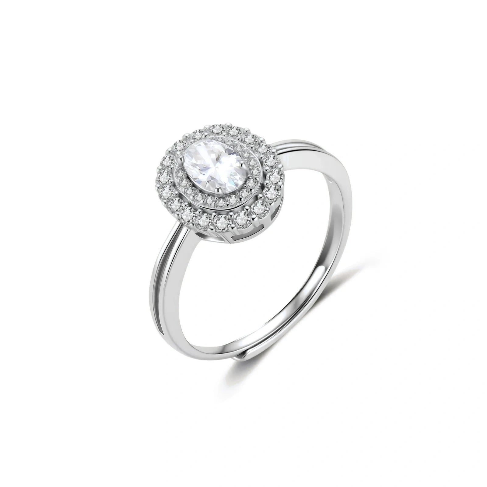 Silver ring with a central gemstone and smaller stones on a white background