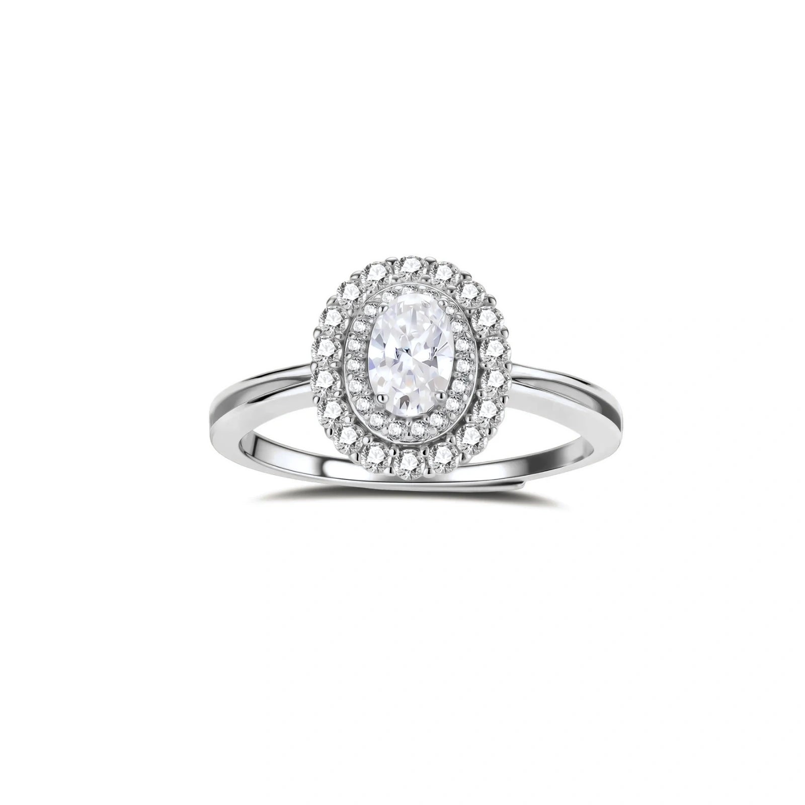Silver ring with a diamond halo on a white background