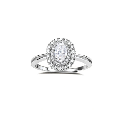 Silver ring with a diamond halo on a white background