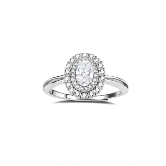 Silver ring with a diamond halo on a white background
